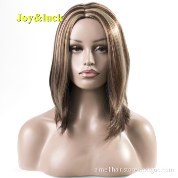 Women's Wig With Adjustable Band Part Piano Wig Brown Highlight Blonde Middle Natural Straight Short Bob Cut Synthetic Hair Wigs